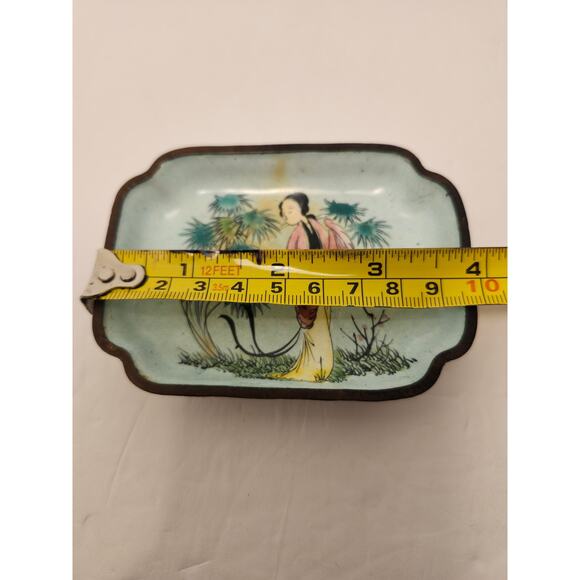 Chinese Vintage Hand Painted Enamel Trinket Dish Plate Tray Asian Geisha 4" - Picture 8 of 9